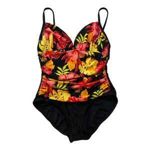 Shape Detector One Piece Swimsuit Black with floral designs Size 10 Slimming